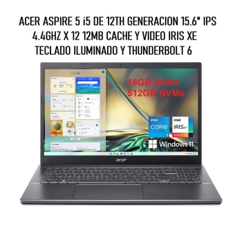 Laptop acer aspire 5 i5 12th iris xe 4.4ghz x 12 16gb 512gb thunderbol