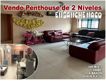 Vendo pent-house 2 niv. amueblado naco  5 habs. 300 mts.2 pisos 9 y 10