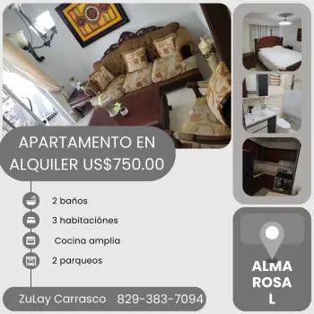 apartamento en alquiler - alma rosa i santo domingo este