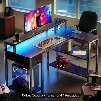 Escritorio de juegos forma de l negro 47 diseño esquina reversible ilu