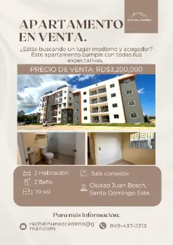 Apartamento de 2 habitaciones en venta en la ciudad juan bosch.