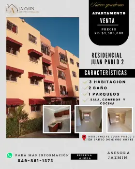 Residencial juan pablo ll se vende apartamento