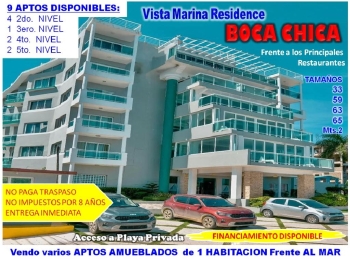 Vendo aptos amueblados de  1 habitacion en  boca chica torre vista mar
