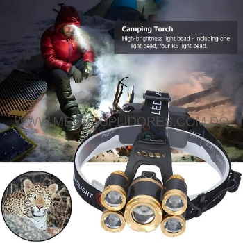  lampara minera linterna cabeza 5 focos – recargable  luz de pesca y