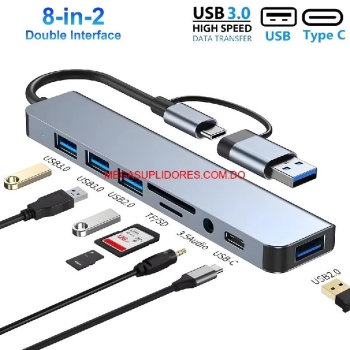  adaptador hub usb c 8 en 1 – multi-puertos laptop y celular 