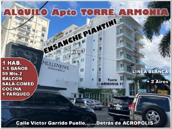 Alquilo apto de 1 hab 7mo. nivel balcon ens. piantini torre armonia 17