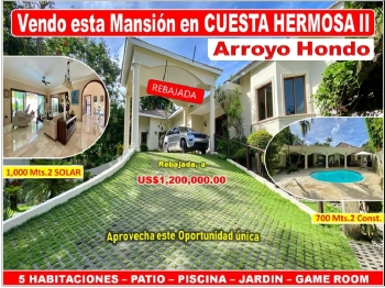 Vendo imponente mansión en cuesta hermosa ii 5 habs. 1000 mts.2 patio