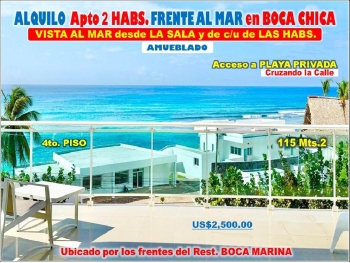 Alquilo penthouse amueblado con vista al mar en en boca chica 3 habs.