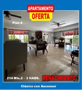 Vendo apto clásico en renacimiento 3 habs. 214 mts.2 con ascensor