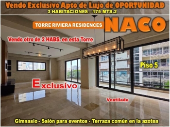 Vendo exclusivo apto de lujo en naco 3 habs. 175 mts.2 piso 5