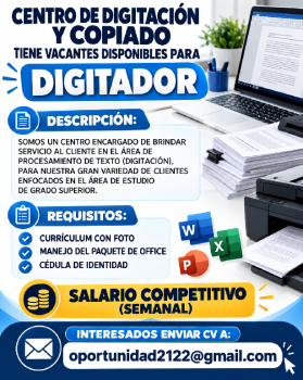 Vacante disponible para digitador