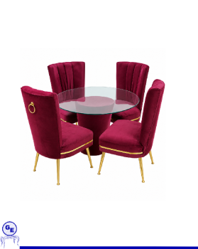 Comedor de cuatro sillas  color rojo tapizada y mesa redonda