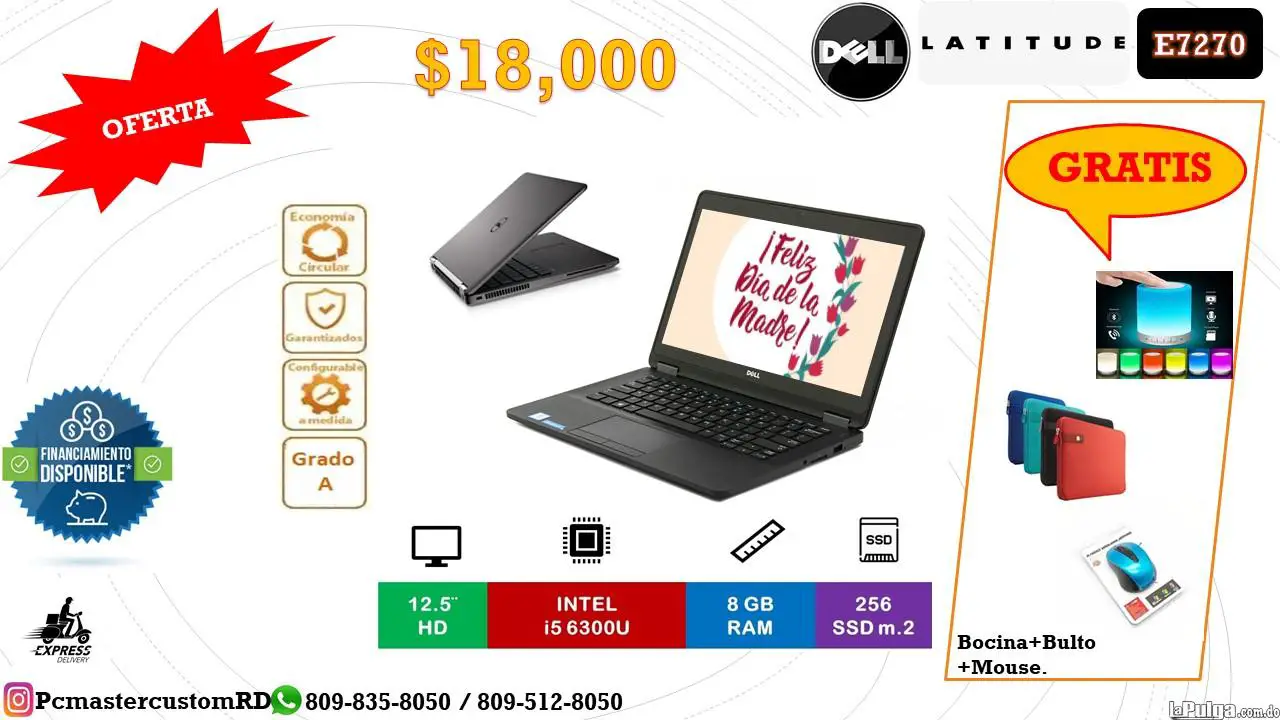 Oferta! Laptop Dell Latitude E7270 Bulto Mouse Bocina Bluetooth Gratis